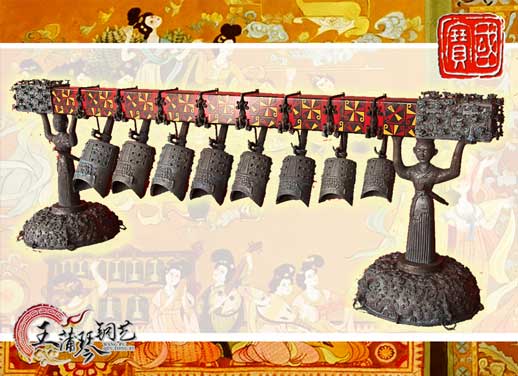 8件古編鐘，銅人銅座裝飾，可發(fā)音